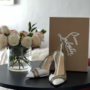 Christian Louboutin WhiteGold CircleP MALAIKA 100 PATENT Slingback Pumps EU 39
